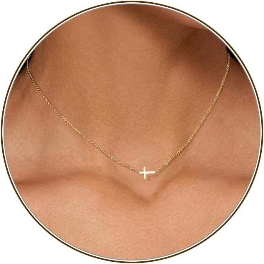 Cross Necklace For Women, Dainty 18K Gold Plated/Sterling Silver Small Cross Pendant Necklace Simple Gold Cross Necklaces For Women  Faith Jewelry Gift2025 - 橫向交叉金 - 查看 1