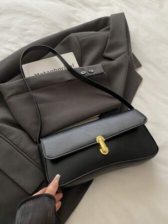 Fashionable Retro Shiny Leather Flap Closure Shoulder Bag, Casual Versatile Baguette Bag, Suitable For Women For Everyday Use, Work, Commute, Travel