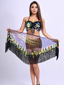 One Women's Belly Dance Hip Towel, A Triangular Coin-Embellished Hip Towel With Tassels And Sequins, Suitable For Music Festival Stage Performance Costumes And Accessories. - Multicolor - View 7