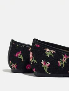 Women's Bow Tie Flat Round Toe Low Heel Embroidered Floral Slip-On Fashion Versatile Ballet Flats, Suitable For Autumn/Winter And Christmas - 黑色 - 查看 9