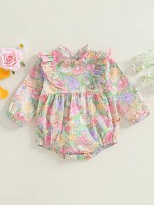 Baby Girl Romper Long Sleeve Ruffle Collar Floral Print Bodysuit Infant Fall Outfit - Multicolor - View 1