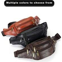 Leather Fanny Pack For Men Women Belt Bag With Adjustable Waist Belt, Lightweight Fanny Pack Comes With Multiple Zippered Pockets Easy Carry Any Phone, Wallet (Reddish Brown) - 黑色 - 查看 2
