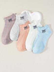 5双随机儿童芭蕾舞风格蝴蝶结短袜，适合女孩和年龄稍大的孩子夏季穿着，糖果色透气短袜，可爱清新蕾丝百搭袜