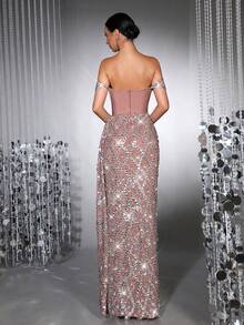 奢华闪亮厚水晶钻石亮片透视网纱长裙，单肩领口设计，性感紧身剪裁，适合婚礼伴娘礼服、女士明星正式晚宴、节日派对等场合。 - 咖啡棕 - 查看 6