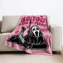 1pc Halloween Theme Fleece Blanket, Featuring Scream Face "NO, YOU HANG UP FIRST" & Heart Pattern, Plush Flannel Blanket For Autumn, Super Soft Valentine's Day Gift Blanket, Holiday Decor & Gift Choice, Suitable For Living Room, Bedroom, Office, Camping, Party, Gift For Family & Friends, Nap Blanket | Sofa Throw | Air Conditioning Blanket, Multiple Sizes Available, Pink Blanket