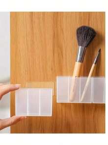 2pcs Minimalist Transparent Plastic Storage Boxes - Wall Mounted 3-Compartment Organizer - Suitable For Makeup Brushes, Pencils, Lipsticks - For Bedroom And Office Use - No Drilling Required