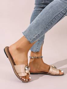 نعال شبشب مسطح كاجوال على الطراز الكوري للنساء، مفتوح من الأمام، صنادل رومانية منسوجة، مناسبة للربيع والصيف والشاطئ والعطلات، تناسب الفساتين، مسطح، بني - رمادي - مشاهدة 4