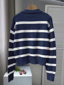 春秋新款复古条纹撞色长袖Polo领针织衫，女士宽松半开襟复古风套头衫，新年 - 飛雪白拼淺上青 - 查看 2
