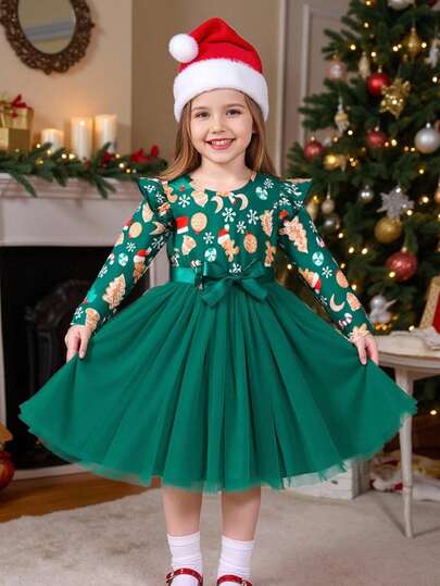 年轻女孩圣诞褶边雪人与雪花印花网眼撞色连衣裙（配腰带）