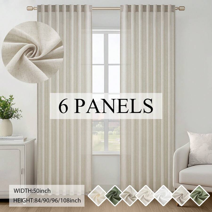 Topfinel 6 Panels Linen Blend Curtains Semi Sheer Light Glare Filtering Semi Sheer Drapes Back Tab Rod Pocket Clip Rings For Living Room Bedroom Dining Doorway Farmhouse Office Home Decor - Oatmeal - 查看 1