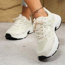 New Soft Leather Thick-Soled Sports Shoes For Women, Women's Lightweight Breathable Mesh Daddy Sports Shoes/2025 Spring And Autumn Winter New Casual Running Shoes - 米色 - 查看 3