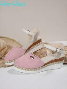 Foot Flair Women Plus Size Color-Block Strap Backless Flat Rope-Sole Sandals, Beach Resort Style, Summer New Lightweight Thick-Sole Roman Sandals - Pink - View 7