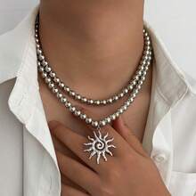 2pcs/Set Sunflower Pendant Beaded Double-Layer Necklace Set, Fashionable & Versatile For Men - Sunflower - View 10