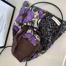 Borsa in tela con design a nicchia e paillettes viola papavero, borsa monospalla di alta qualità in stile pigro per pendolari