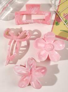 4 件 ABS 材质春夏波西米亚甜美粉色大理石图案蝴蝶结雏菊花方形发夹沙滩配饰发饰时尚爪夹女士发夹休闲发夹秋季配饰秋季时尚发夹冬季度假装女士