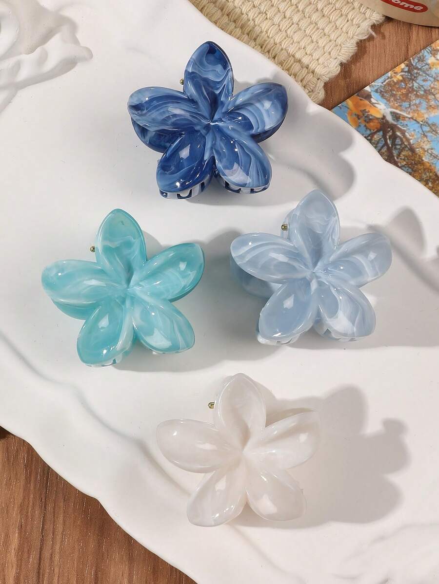 4 件 ABS 材质迷你花卉波西米亚大理石纹理发夹，湖蓝色、海军蓝、蓝灰色，适合春夏海滩、派对、刘海、侧发装饰发饰时尚发夹秋季配饰秋季发夹花夹冬季度假装女士 - 彩色 - 查看 1