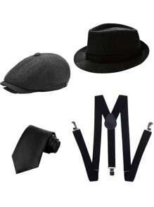 D EXCEED 3/4 pièces Accessoires pour hommes des années 1920 : Chapeau Fedora style gangster, bretelles Y-Back et nœud papillon pré-noué. Ensemble pour hommes des Années folles : Casquette Newsboy Ivy pour une fête sur le thème de Gatsby le Magnifique