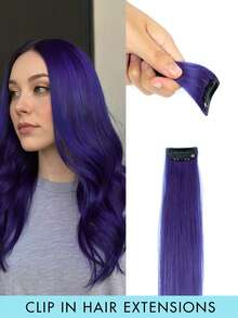 1pc Clip-In Hair Extension, Human Hair, Colorful Hair Extension, Red Clip-In Human Hair, Rainbow Color Party Highlights, Straight Hair Piece, For Women And Girls, Cosplay Clip-In Hair Extension, Purple, Halloween Costume And Christmas - Multicolor - View 16