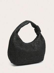 Women's Crescent-Shaped Handbag In Solid Color, Versatile And Fashionable, With Knotted Single Handle, Suitable For Carrying Under The Arm And For Travel. - Black - View 3