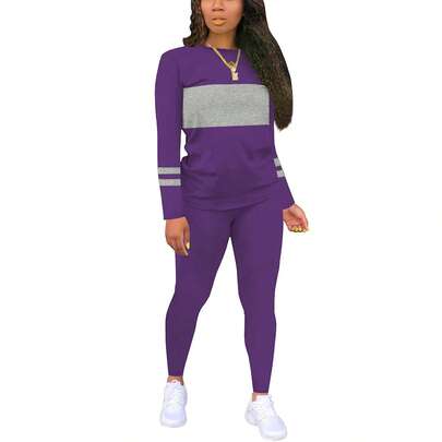 스트라이프 패치워크 프린트 스포티 긴소매 크루넥 탑 앤 팬츠 세트