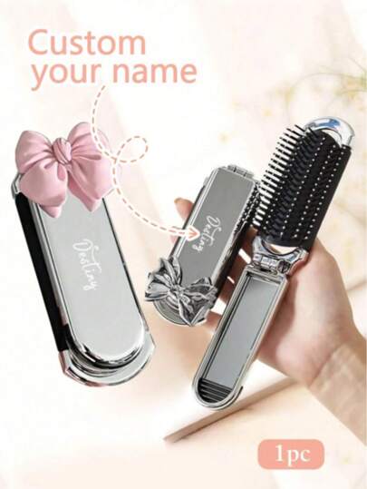 1pc Custom Engraved Name Air Cushion Massage Comb, Travel Comb With Bow, Folding Comb With Integrated Mirror, Personalized Laser Engraved Folding Air Cushion Hairbrush, Customized Portable Travel Comb, Mini Comb Friends, Her, Grandparents For Weddings, Living Room, Bedroom, Bathroom, Multi-Functional, Ornamental, Letter,