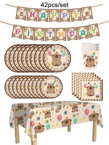 80/62/42 Pcs Tableware Set, Water Vole Themed Party Supplies, Disposable Party Dinnerware Set Including 7" & 9" Napkins, Cups, Banner, Tablecloth, Suitable For 10/20 People, Pink Theme Party, Club, Birthday Decor, Event Decor, Restaurant Decor, Water Vole, Kitchen, Surprise Party. Mystery Gift. - Multicolor - View 8