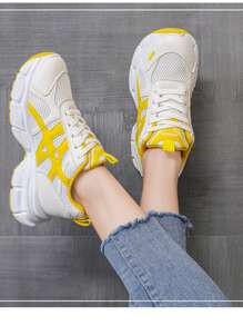 女式学生运动风格系带字母装饰网眼运动鞋，户外透气百搭厚底运动休闲跑步鞋，厚底厚底运动鞋 - 黃色 - 查看 4