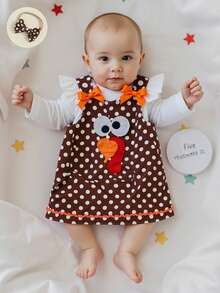 Infant Baby Girl Clothes Set Long Sleeve Solid Color Romper And Turkey Embroidery Dot Dress With Headband 3Pcs Outfit - White - View 2
