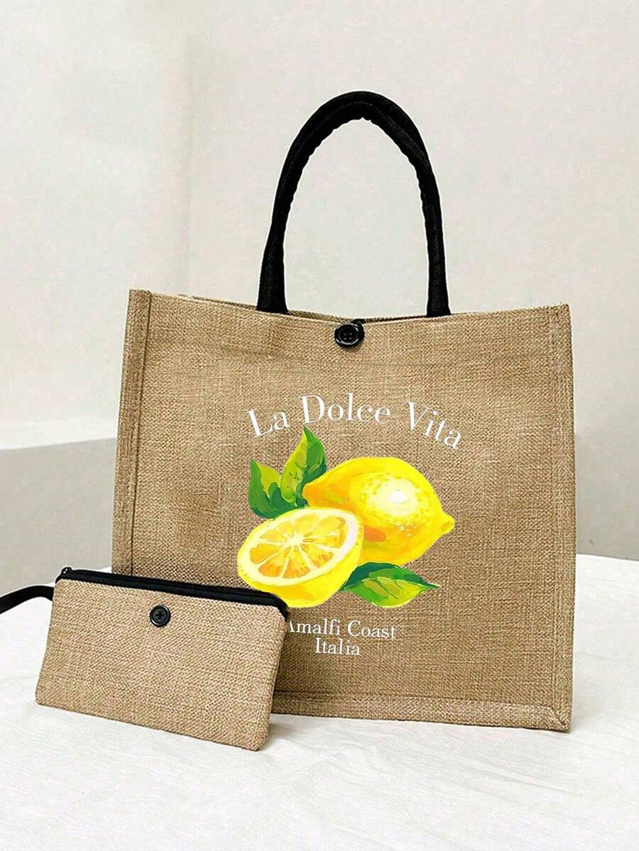 1/2 件“La Dolce Vita”柠檬图案手提包和钱包 - 意大利夏季风格,轻巧耐用,可重复使用购物袋,带有新鲜柠檬和绿叶设计,日常/沙滩包|夏季时尚包|耐用手柄包,轻便的旅行化妆收纳袋,铅笔袋,钱包,男女通用的洗漱包和沙滩手提包。适合返校季圣诞节和万圣节的最佳礼物 - 彩色 - 查看 1