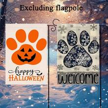 1 Set (2Pcs) Charming Snowflake Paw & Buffalo Plaid Welcome Garden Flag And Happy Paw Garden Flag - Orange Paw Print & Jack-O-Lantern Design, 12x18inch, Polyester, Double-Sided Waterproof, Perfect For Fall/Winter & Holiday Decor, Outdoor Yard & Lawn Decor, Multi-Purpose Home Decor Christmas Decorations Room Decor