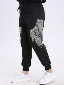 Two Piece Outfits For Women Black Short Sleeve T Shirts Oversized Rhinestones Graphic Drawstring Joggers Pants Casual Summer Sets Going Out - 黑色 - 查看 5