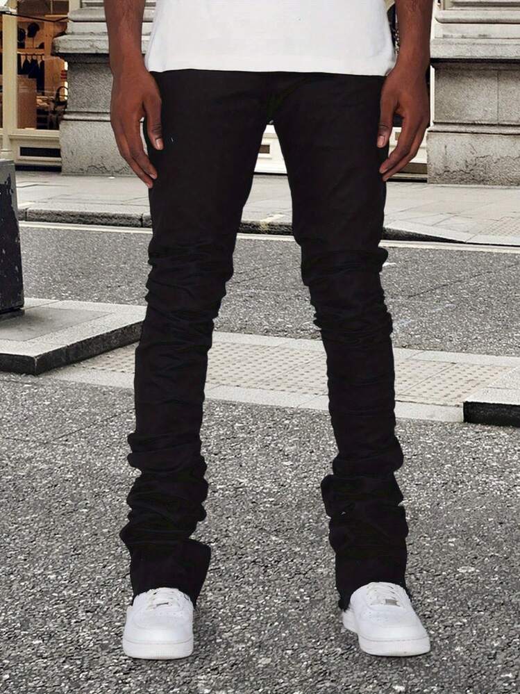 Men's Slim Fit Denim Pants Mid Rise Tapered Leg Stacked Jeans Soft Stretch Denim Pants - Black - View 3