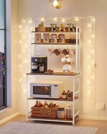 VASAGLE Hutch Bakers Rack With Power Outlet, 14 Hooks Microwave Stand, Adjustable Coffee Bar With Metal Wire Panel, Kitchen Storage Shelf, 15.7 X 31.5 X 66.9 Inches - US B Type Plug(110-127V) - View 2