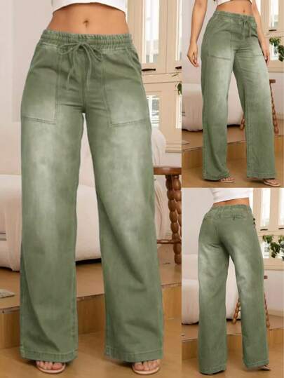 8433# Women's Fashion Versatile Denim Jeans With Back Pockets & Drawstring Elastic Waist, Straight Leg Wide Leg