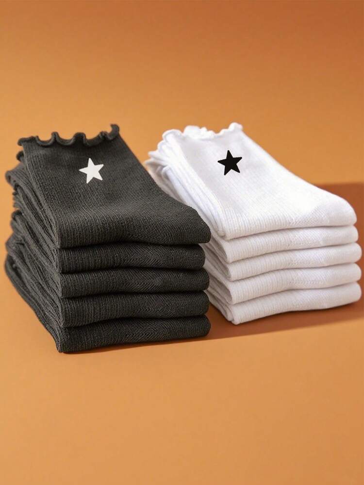 4 Pairs Cute Women's Ruffle Trim Mid-Calf Socks, Star Pattern Sweet Japanese Style, Essential For Daily Wear, Fall Socks - Black and White - View 3