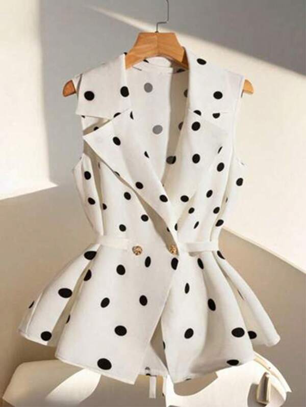 大码女式优雅V领圆点腰衬衫