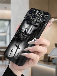 Sacred Jesus Portrait - Crown Of Thorns Creative Phone Case - Premium TPU Cover - Shockproof Anti-Slip Protection - For IPhone 16 Pro Max 15 Pro Max 14 Pro Max (Christian Faith Accessory Fashionable Phone Cases) - Black/White Religious Art With Crosses Design - Protectores De Celulares Phone Accessories - Anti-Fingerprint Clear Case - 黑色 - 查看 2