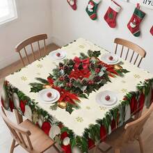 1pc Rectangular Tablecloth, Classic Red & Green Christmas Theme With Pine Branch & Berry Print, Suitable For Daily Family Gatherings, Living Room & Dining Room, Christmas Events, Durable Polyester Tablecloth, Stain Resistant