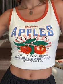 最新上市女性性感度假風格y2k復古蘋果印花無袖修身短上衣 - 白色 - 查看 2