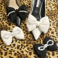 1 Par de Clipes de Sapato com Laço Elegante e Pérola de Strass, Acessórios de Sapato DIY para Festa, Todas as Estações