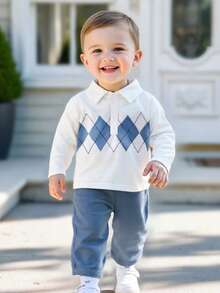 Moletom com gola polo e manga comprida com estampa geométrica para meninos, terno casual para uso diário ao ar livre, primavera/outono - Branco - Ver 4