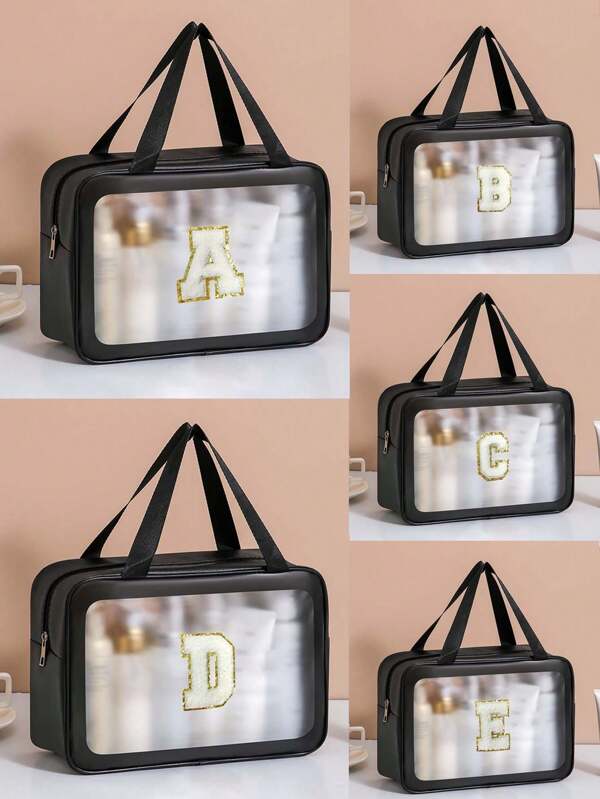 Bolsa de tocador transparente de PVC, bolsa de cosméticos con letras, bolsa de tocador impermeable para viajes, bolsa de almacenamiento de maquillaje impermeable con cremallera con letras, bolsa de almacenamiento de cosméticos, organización y almacenamiento, bolsa de viaje para cosméticos portátil con asa conveniente, adecuada para accesorios de tocador de viaje, artículos esenciales de viaje