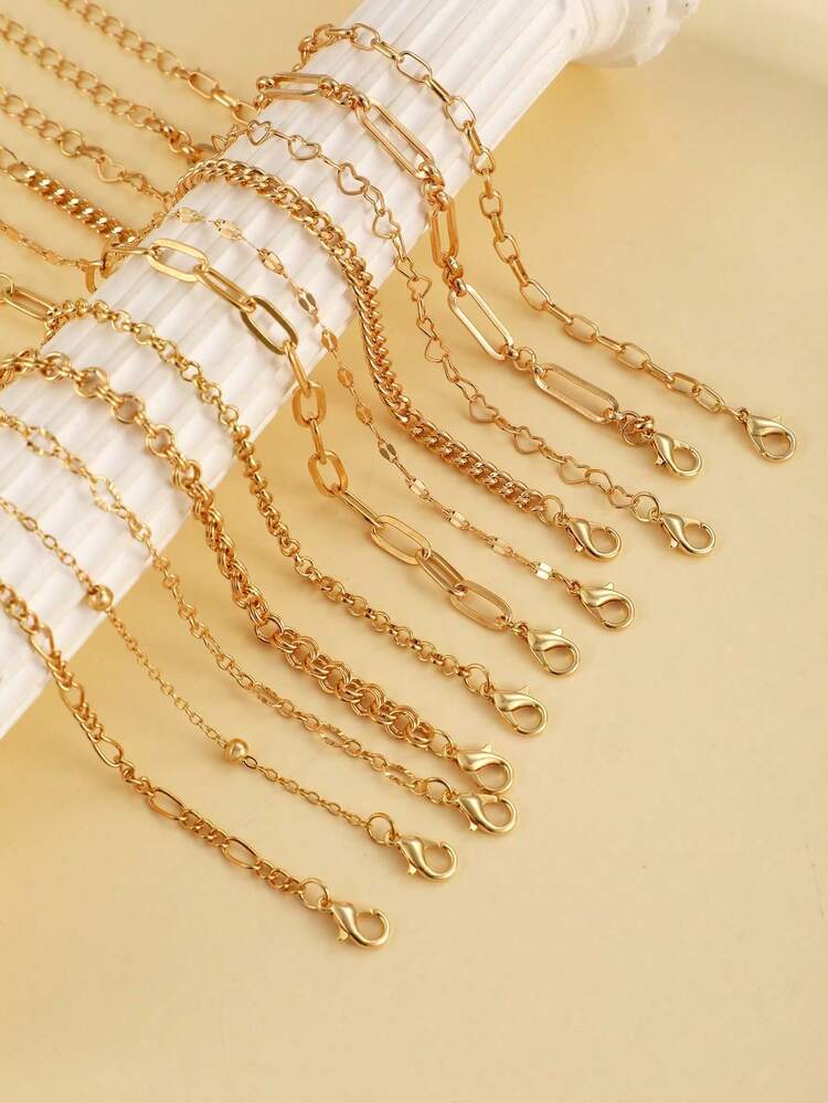 16/11pcs Fashionable Minimalist Elegant Vintage Design Layered Necklace Set, Geometric Heart Rhombus Box Chain Delicate Thin Chain Bracelet, Suitable For Holiday, Party, Date, Gift, Daily Wear - 金黃色 - 查看 7