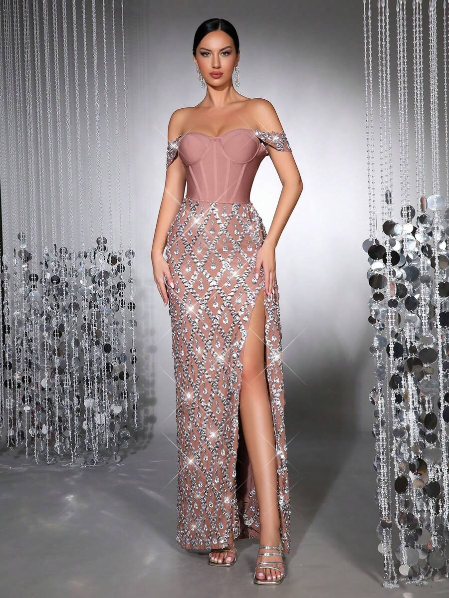 奢华闪亮厚水晶钻石亮片透视网纱长裙，单肩领口设计，性感紧身剪裁，适合婚礼伴娘礼服、女士明星正式晚宴、节日派对等场合。 - 咖啡棕 - 查看 1