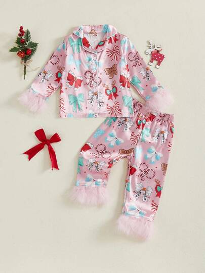 Kid Girls Christmas 2Pcs Pajama Set Long Sleeve Bow Print Button Shirt + Pants Set Toddler