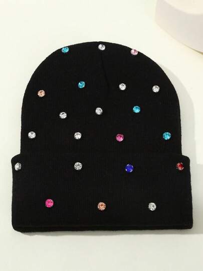 1pc Colorful Rhinestone Beanie Hat, Punk Style Knit Cap With Diamonds, Fashion Unisex Warm Hat For Autumn/Winter, Suitable For Daily, Outdoor, Cycling, Fishing