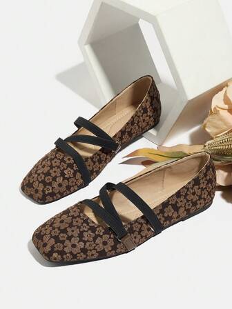 Women's Slip-On Flat Shoes, Vintage Low Heel Embroidered Floral Breathable Mary Jane Shoes, Brown, Autumn/Winter