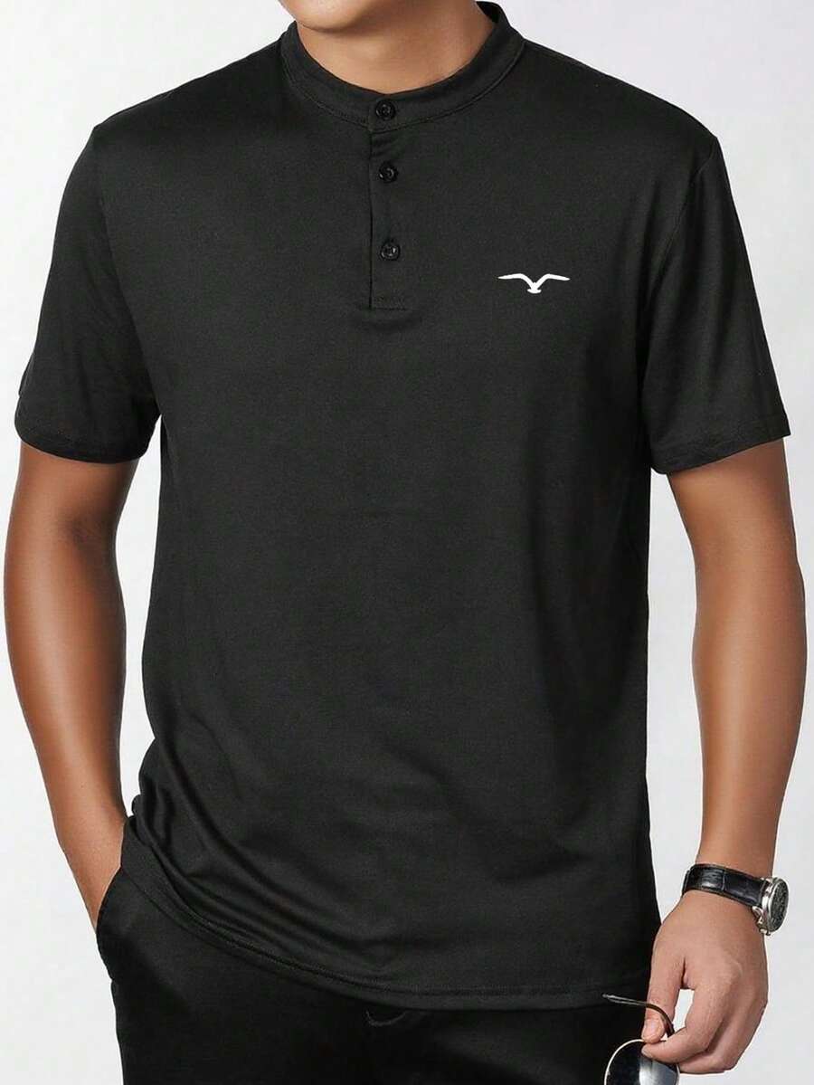 Men's Solid Color Front Button Closure Short Sleeve Casual Top, Daily Wear - Black - View 1