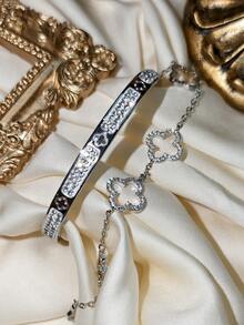 4pcs Luxury Stainless Steel Rhinestone Clover & Star Bangle Bracelet Set, Vintage Elegant Jewelry Suit For Women, Suitable For Daily Wear, Gift, Party, Fashionable Christmas Present - Gold - View 8