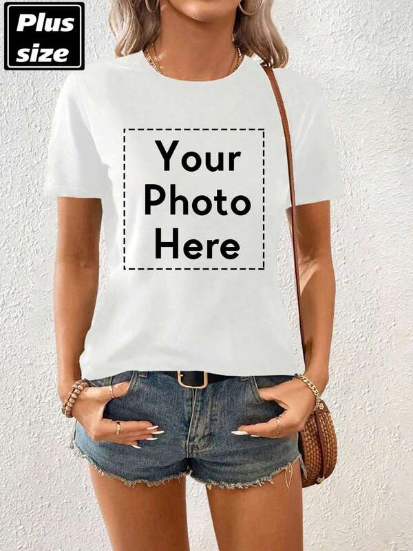 Customized Plus Size Women Short Sleeve T-Shirt, Personalized Graphic Design, Upload Your Photo/Logo/Poster/Family Photo/Company Team Photo, Halloween/Christmas Personalized Photo Customization, Plus Size Women Autumn T-Shirt, Valentine's Day Gift, Gift For Her, Anniversary Gift, Music Festival, Wedding/Party, Culture Shirt, Holiday Gift, Team Uniform Customization, Women Autumn Top, Charity Team Uniform Customization